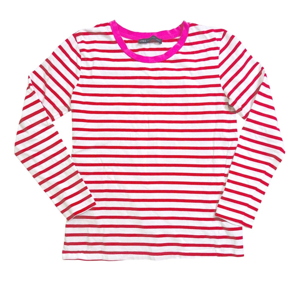 M&S Collection Striped Long Sleeve T-shirt XS UK 6 Red White Pink Contrast Crew